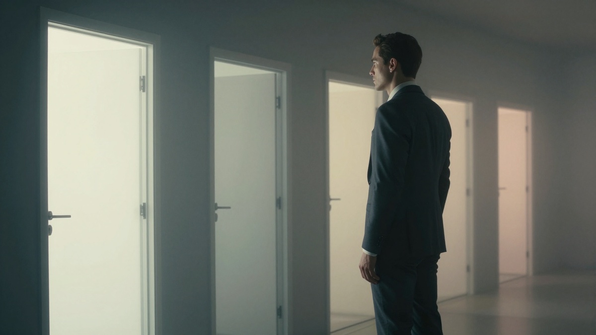 A high achiever looking at five distinct shadowy doors representing hidden causes of inner emptiness