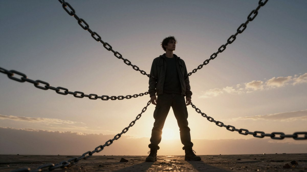 A person breaking free from chains representing social expectations, standing confidently on their own path