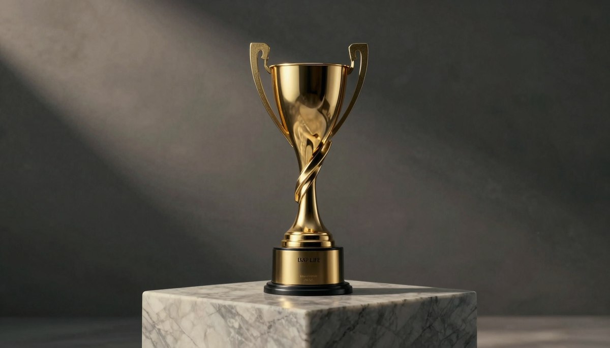 A trophy or award with a subtle shadow of emptiness behind it, symbolizing the success paradox